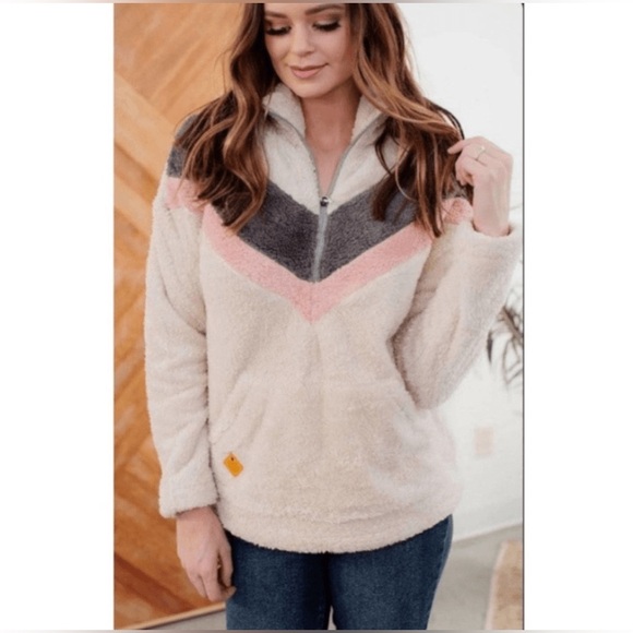 NWT Simply Southern Pink/Gray/Cream Stripe Fleece 3/4 zip Pullover Women’s M - Picture 4 of 5